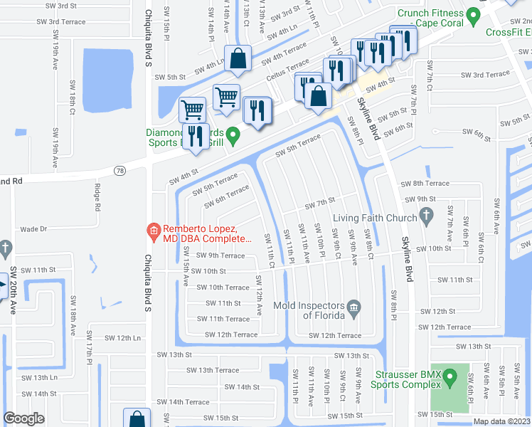 map of restaurants, bars, coffee shops, grocery stores, and more near 715 Southwest 11th Court in Cape Coral