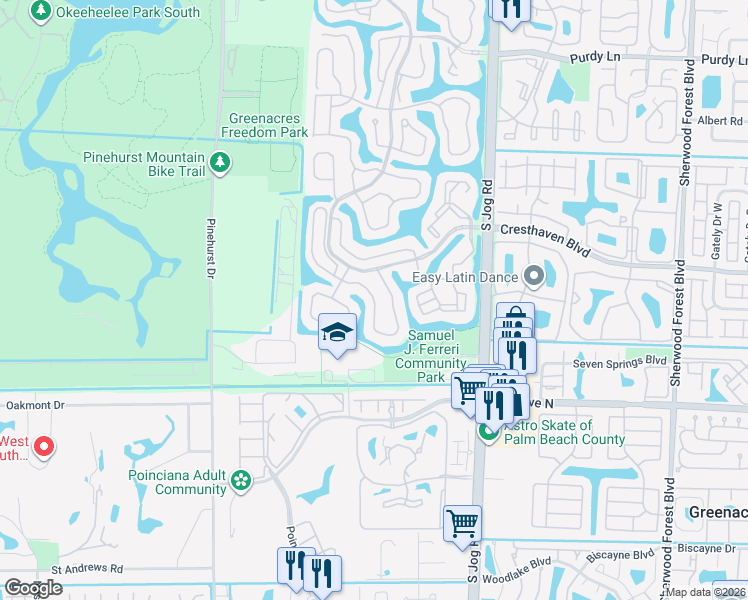 map of restaurants, bars, coffee shops, grocery stores, and more near Pointe Circle in Greenacres