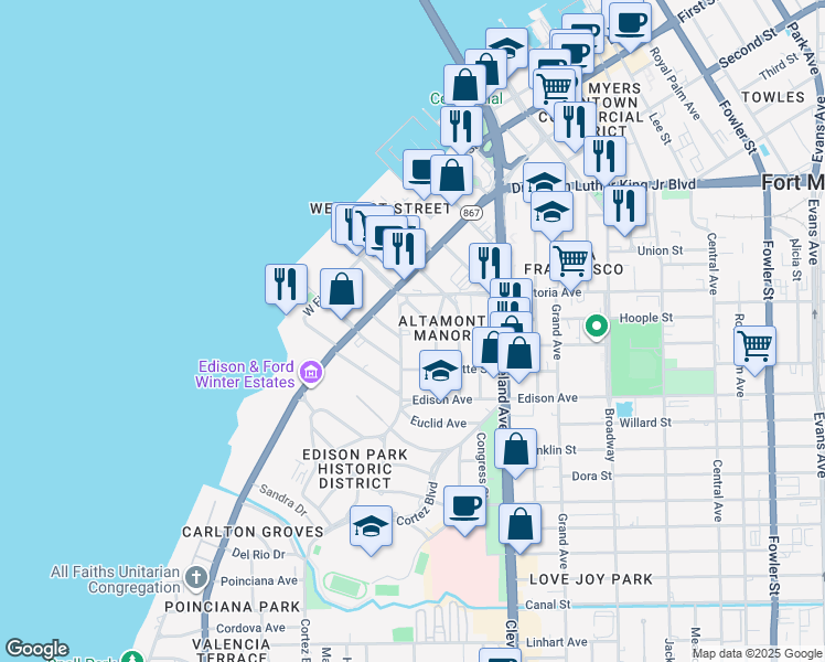 map of restaurants, bars, coffee shops, grocery stores, and more near 2249 Euclid Avenue in Fort Myers
