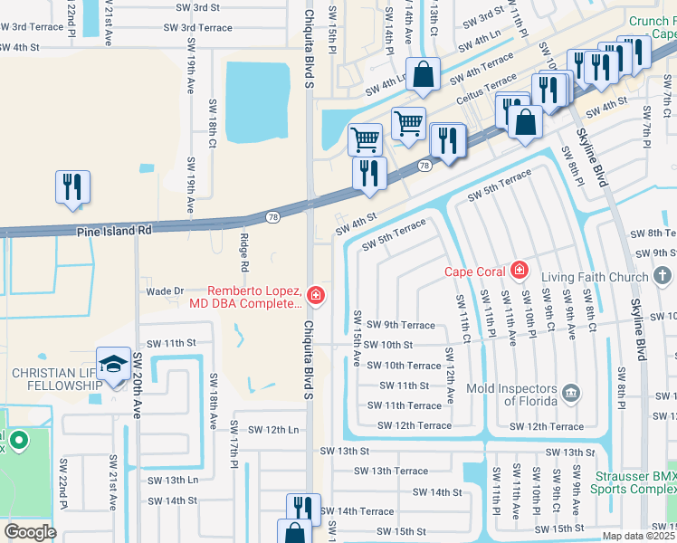 map of restaurants, bars, coffee shops, grocery stores, and more near 926 Southwest 15th Place in Cape Coral