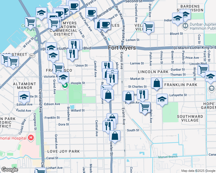 map of restaurants, bars, coffee shops, grocery stores, and more near 2256C Fowler Street in Fort Myers
