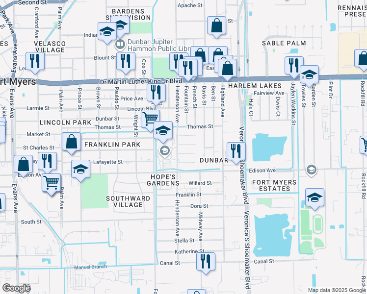 map of restaurants, bars, coffee shops, grocery stores, and more near 3301 Armstrong Court in Fort Myers