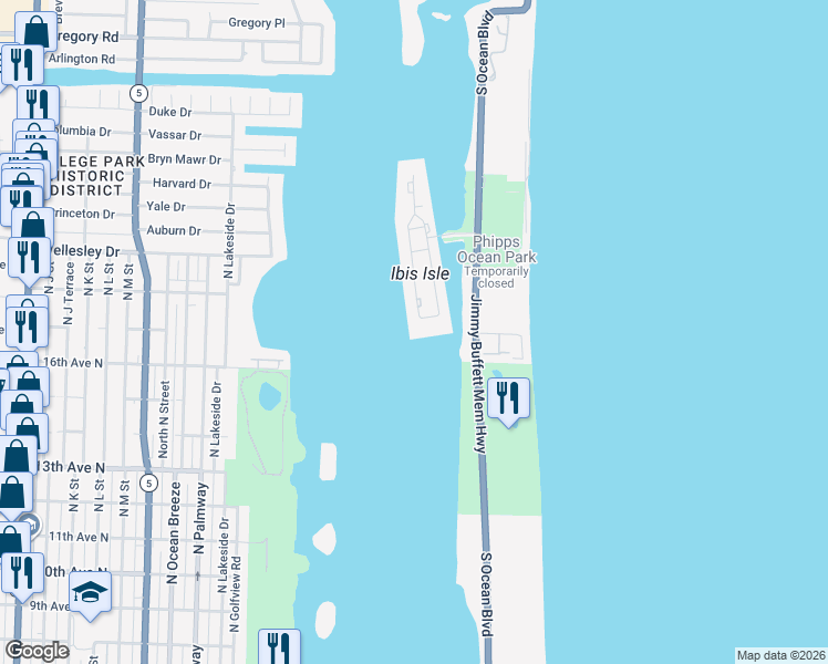 map of restaurants, bars, coffee shops, grocery stores, and more near 2308 Ibis Isle Road West in Palm Beach