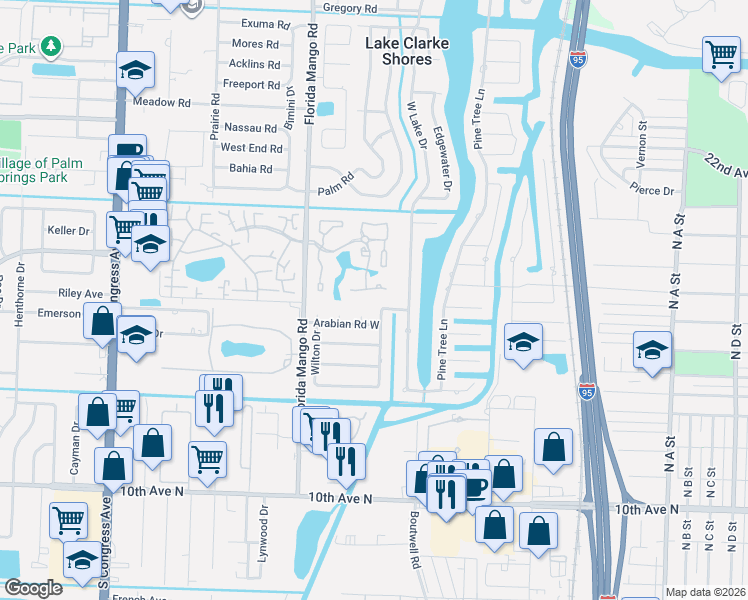 map of restaurants, bars, coffee shops, grocery stores, and more near 1831 East Court in West Palm Beach