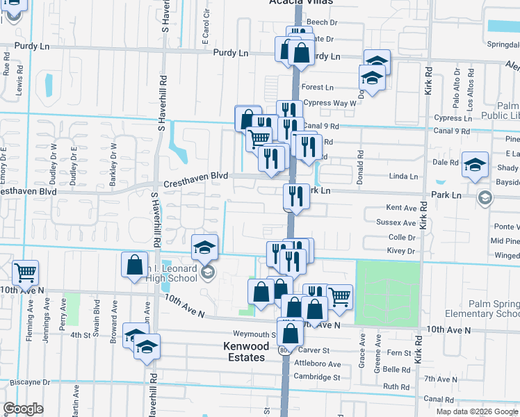 map of restaurants, bars, coffee shops, grocery stores, and more near 4632 Kelly Drive in West Palm Beach