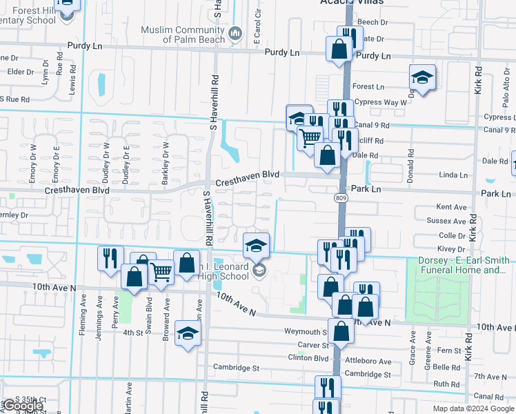 map of restaurants, bars, coffee shops, grocery stores, and more near 2868 Ashley Drive East in West Palm Beach