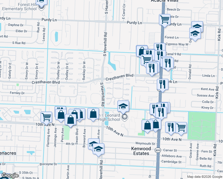 map of restaurants, bars, coffee shops, grocery stores, and more near 2847 Ashley Dr W in West Palm Beach