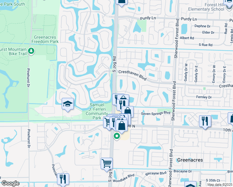 map of restaurants, bars, coffee shops, grocery stores, and more near 293 Sunny Pine Way in Greenacres
