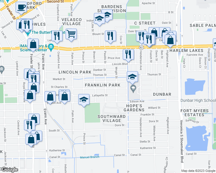 map of restaurants, bars, coffee shops, grocery stores, and more near 3011 Saint Charles Street in Fort Myers