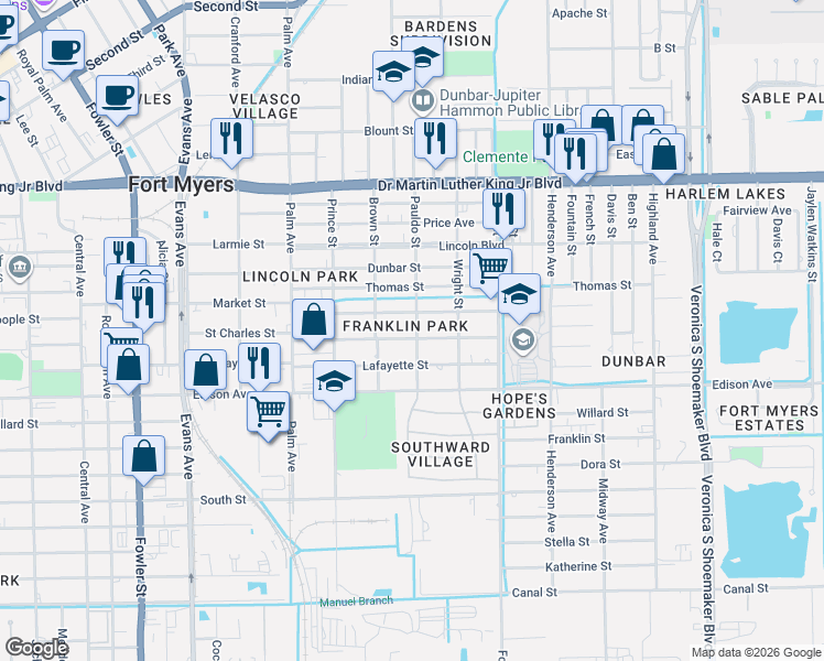 map of restaurants, bars, coffee shops, grocery stores, and more near 2982 Saint Charles Street in Fort Myers