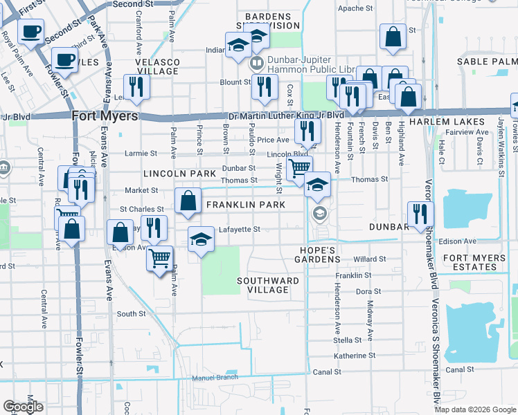 map of restaurants, bars, coffee shops, grocery stores, and more near 3026 Saint Charles Street in Fort Myers