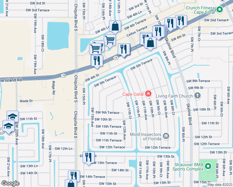 map of restaurants, bars, coffee shops, grocery stores, and more near 1214 Southwest 7th Terrace in Cape Coral