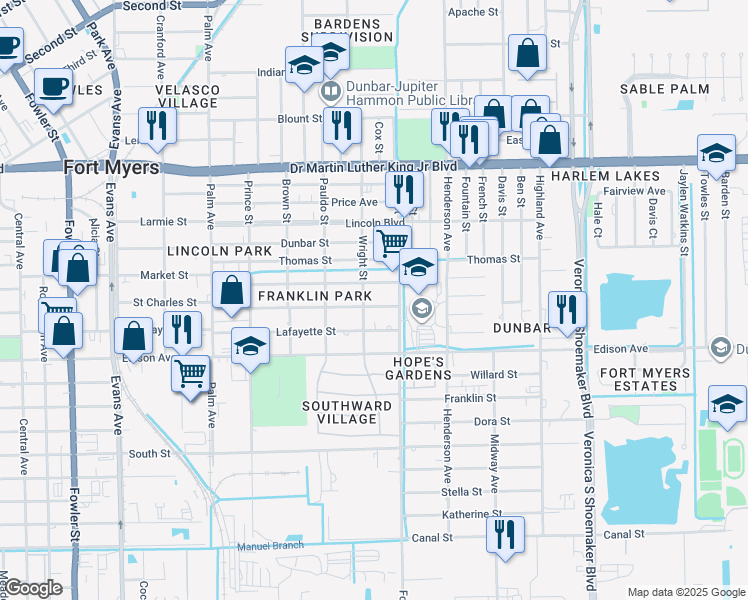 map of restaurants, bars, coffee shops, grocery stores, and more near 3126 Saint Charles Street in Fort Myers