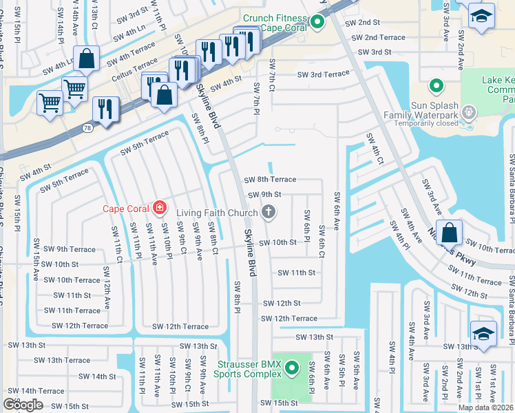 map of restaurants, bars, coffee shops, grocery stores, and more near 915 Skyline Boulevard in Cape Coral