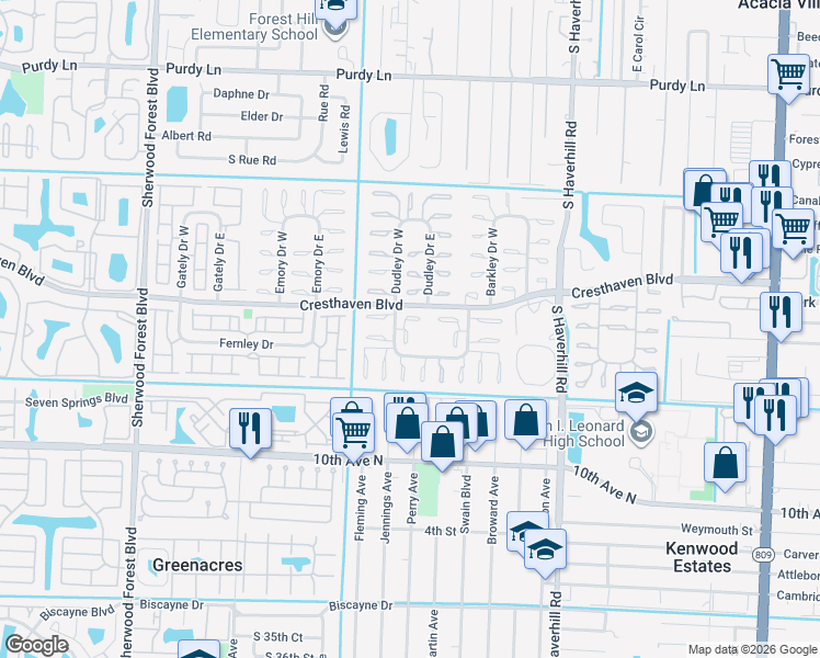 map of restaurants, bars, coffee shops, grocery stores, and more near 2888 Crosley Drive East in West Palm Beach