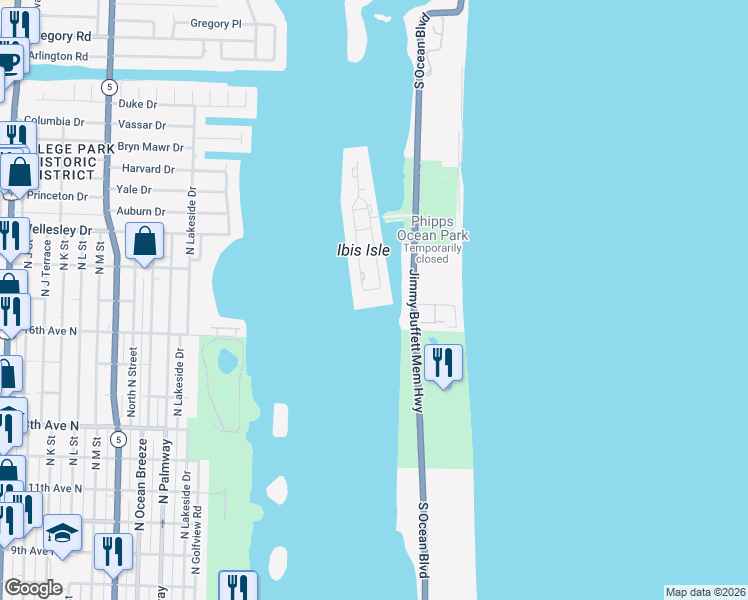 map of restaurants, bars, coffee shops, grocery stores, and more near 2308 Ibis Isle Road West in Palm Beach