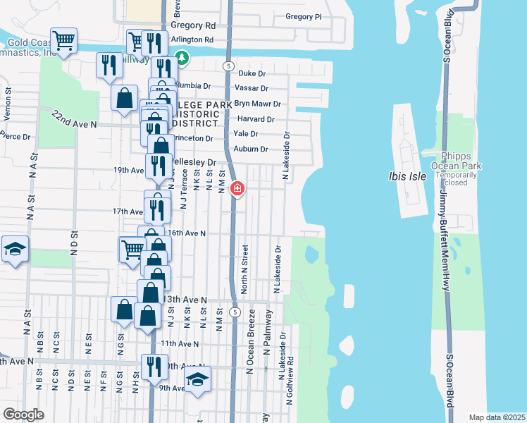 map of restaurants, bars, coffee shops, grocery stores, and more near 1622 North O Street in Lake Worth