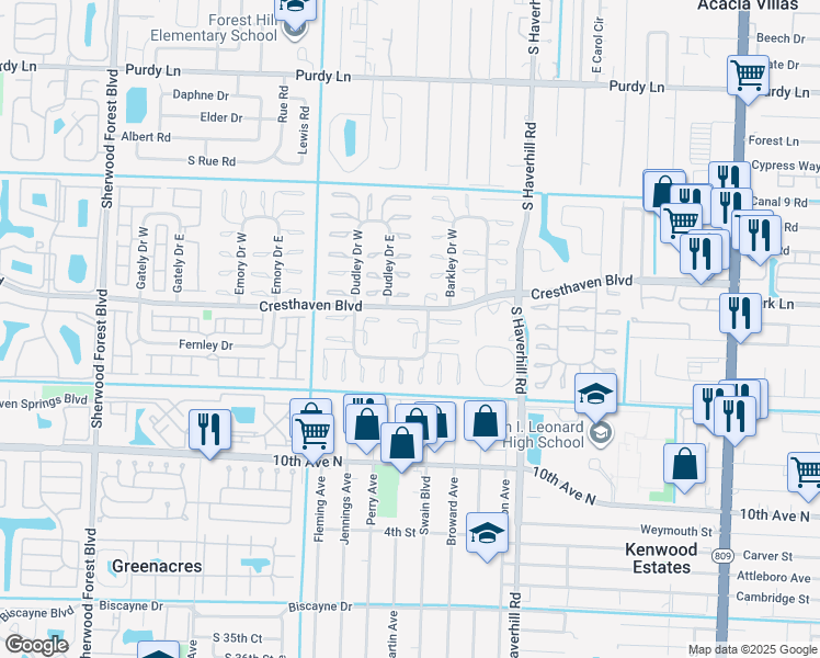 map of restaurants, bars, coffee shops, grocery stores, and more near 2845 Crosley Drive West in West Palm Beach