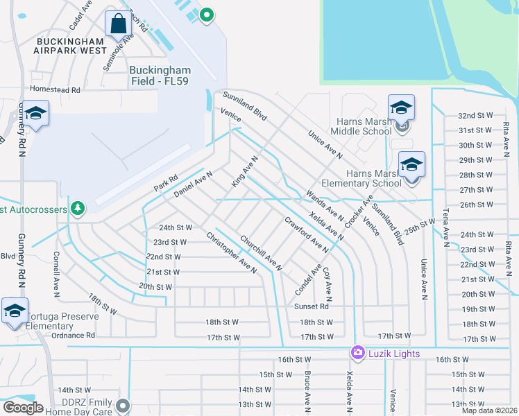 map of restaurants, bars, coffee shops, grocery stores, and more near 2412 Concord Avenue North in Lehigh Acres