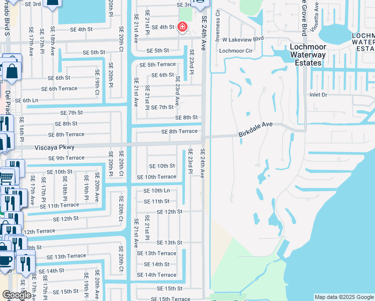 map of restaurants, bars, coffee shops, grocery stores, and more near 910 Southeast 23rd Place in Cape Coral