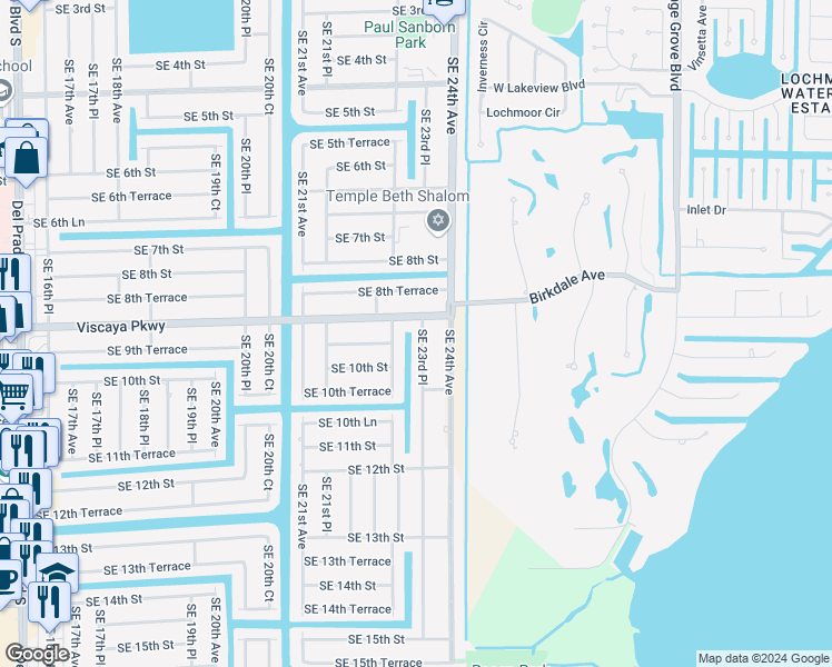 map of restaurants, bars, coffee shops, grocery stores, and more near 910 Southeast 23rd Place in Cape Coral