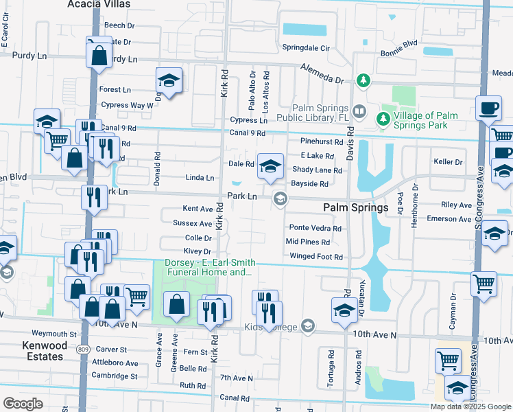 map of restaurants, bars, coffee shops, grocery stores, and more near 3895 Espan Court in Lake Worth