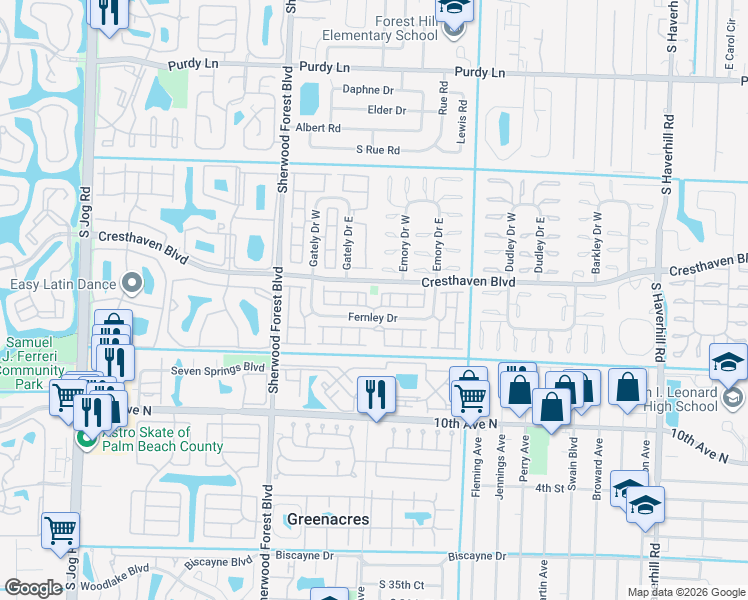 map of restaurants, bars, coffee shops, grocery stores, and more near 5775 Fernley Drive in West Palm Beach