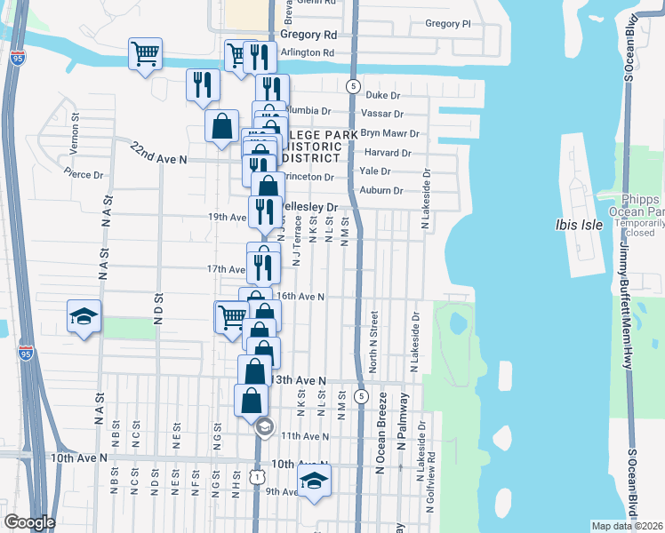 map of restaurants, bars, coffee shops, grocery stores, and more near 1622 North L Street in Lake Worth