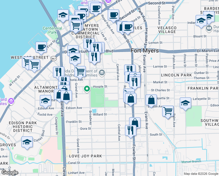 map of restaurants, bars, coffee shops, grocery stores, and more near 2335 Crawford Street in Fort Myers