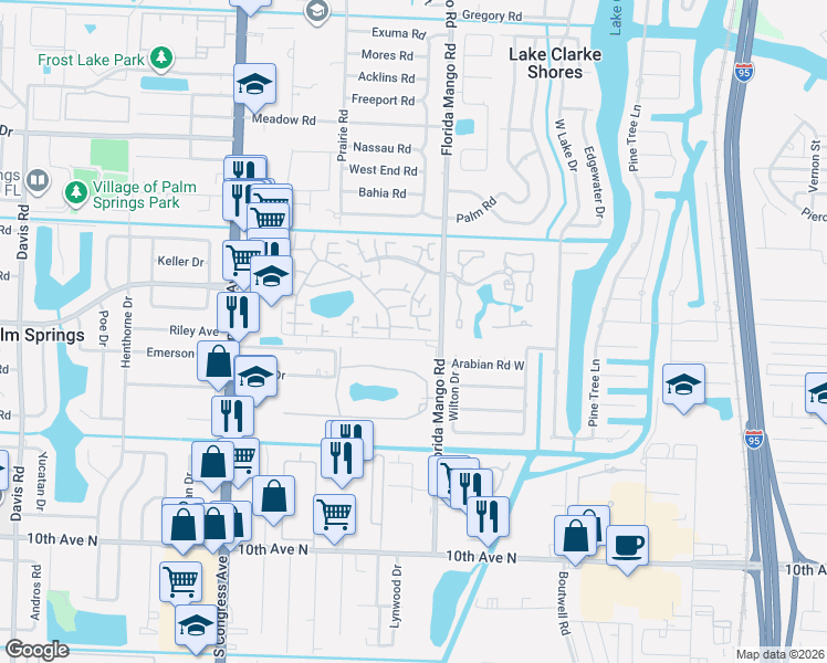 map of restaurants, bars, coffee shops, grocery stores, and more near 2615 Garden Drive North in Lake Worth