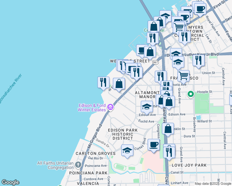 map of restaurants, bars, coffee shops, grocery stores, and more near 2040 Virginia Avenue in Fort Myers
