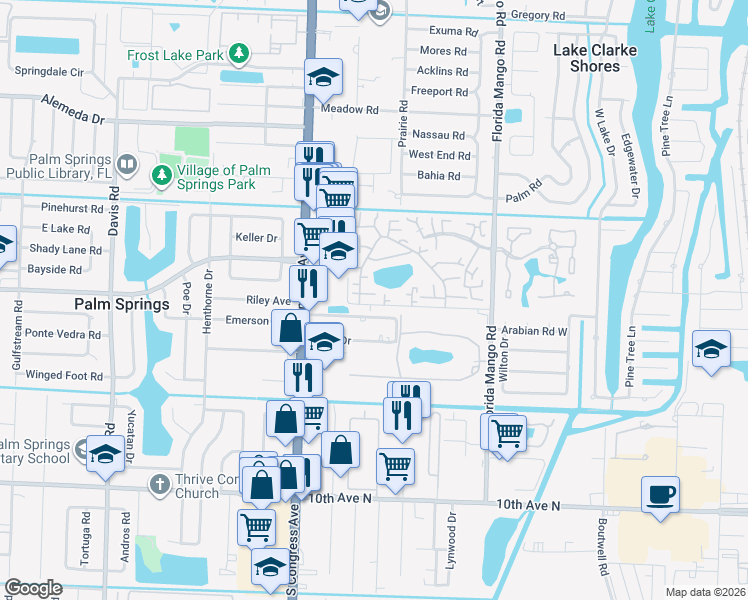 map of restaurants, bars, coffee shops, grocery stores, and more near 306 Lake Arbor Drive in Palm Springs