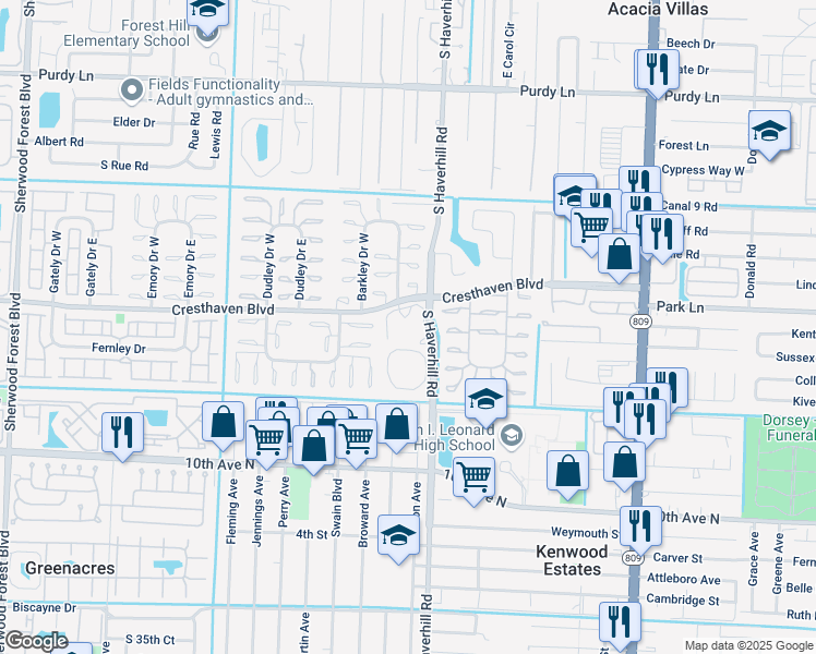 map of restaurants, bars, coffee shops, grocery stores, and more near 2939 Haverhill Road in Greenacres