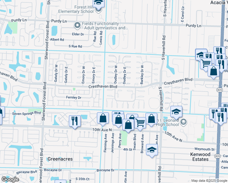 map of restaurants, bars, coffee shops, grocery stores, and more near 2823 Crosley Drive West in West Palm Beach