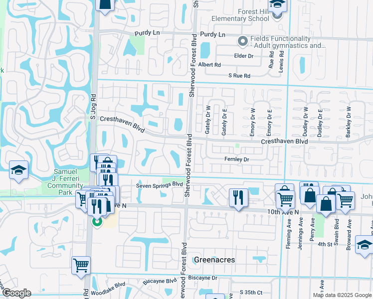 map of restaurants, bars, coffee shops, grocery stores, and more near 5800 Fernley Drive West in West Palm Beach