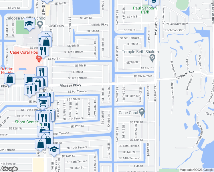 map of restaurants, bars, coffee shops, grocery stores, and more near 902 Southeast 20th Court in Cape Coral