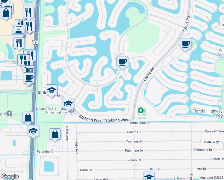 map of restaurants, bars, coffee shops, grocery stores, and more near 3050 Hamblin Way in Wellington