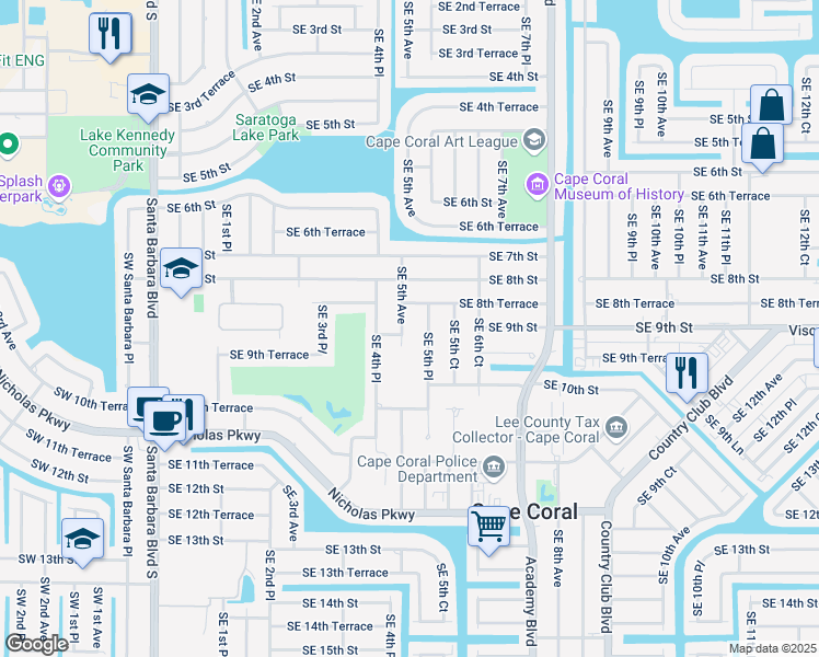 map of restaurants, bars, coffee shops, grocery stores, and more near 907 Southeast 5th Avenue in Cape Coral