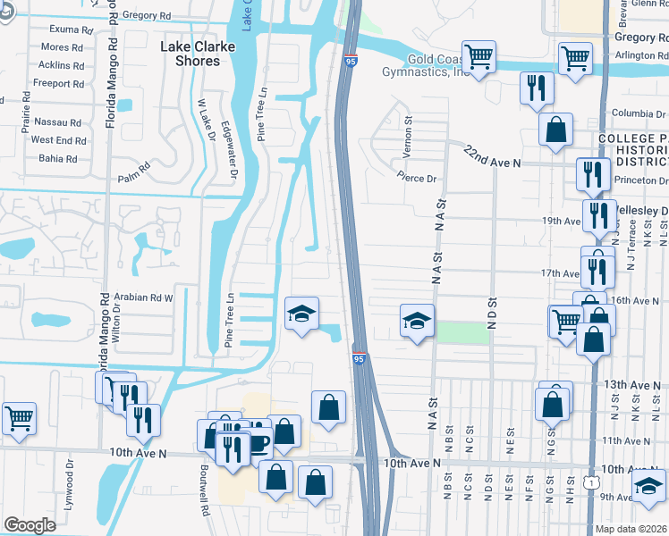 map of restaurants, bars, coffee shops, grocery stores, and more near 1815 17th Court North in Lake Worth