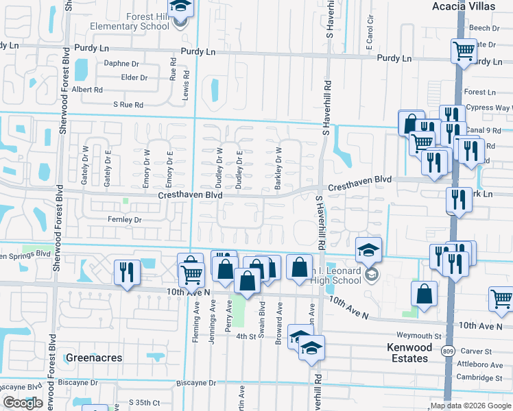 map of restaurants, bars, coffee shops, grocery stores, and more near 2835 Crosley Drive East in West Palm Beach