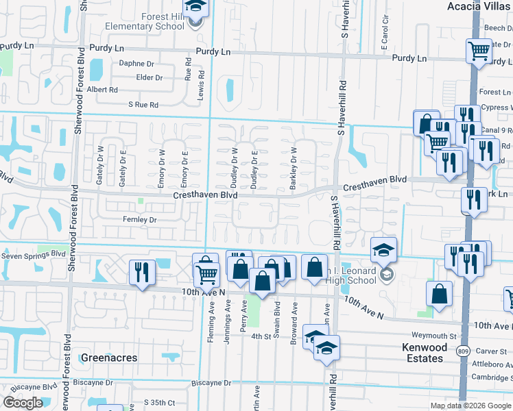 map of restaurants, bars, coffee shops, grocery stores, and more near 2835 Crosley Drive East in West Palm Beach