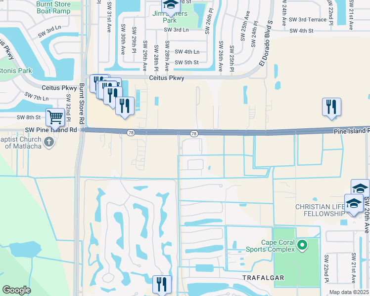 map of restaurants, bars, coffee shops, grocery stores, and more near 3335 Grant Cove Circle in Cape Coral