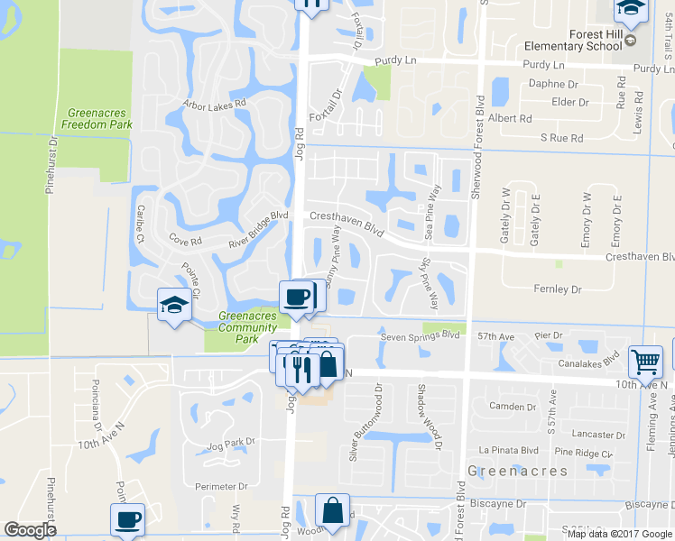map of restaurants, bars, coffee shops, grocery stores, and more near 710 Sunny Pine Way in Greenacres