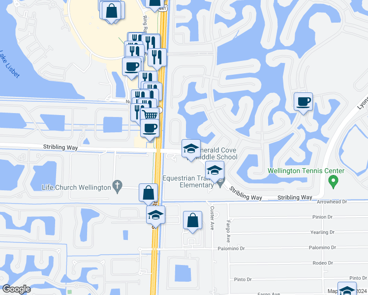 map of restaurants, bars, coffee shops, grocery stores, and more near 2944 Shaughnessy Drive in Wellington