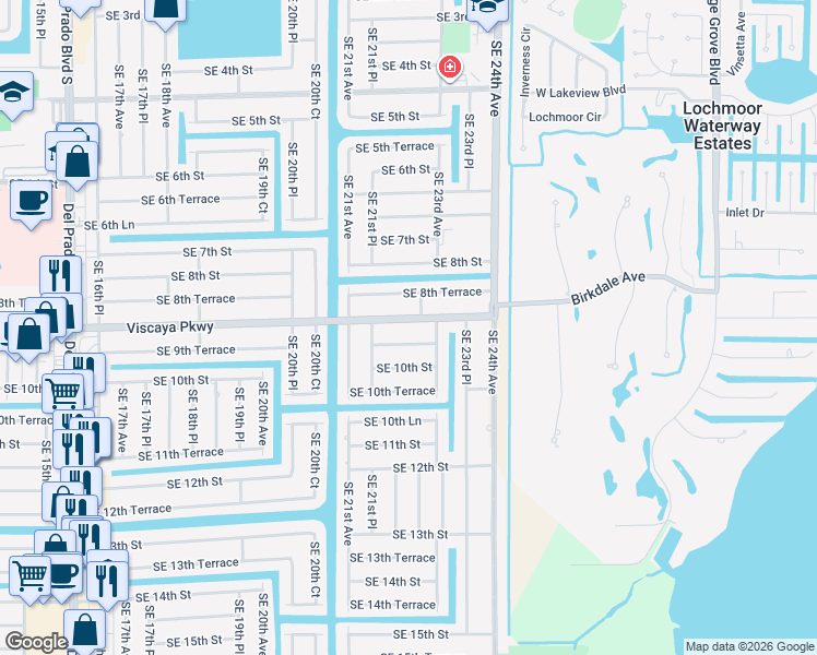 map of restaurants, bars, coffee shops, grocery stores, and more near 2216 Southeast 9th Terrace in Cape Coral