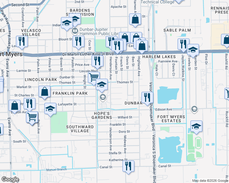 map of restaurants, bars, coffee shops, grocery stores, and more near 3301 Armstrong Court in Fort Myers