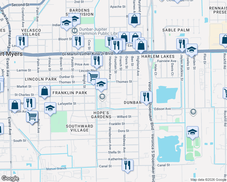 map of restaurants, bars, coffee shops, grocery stores, and more near 3301 Armstrong Court in Fort Myers