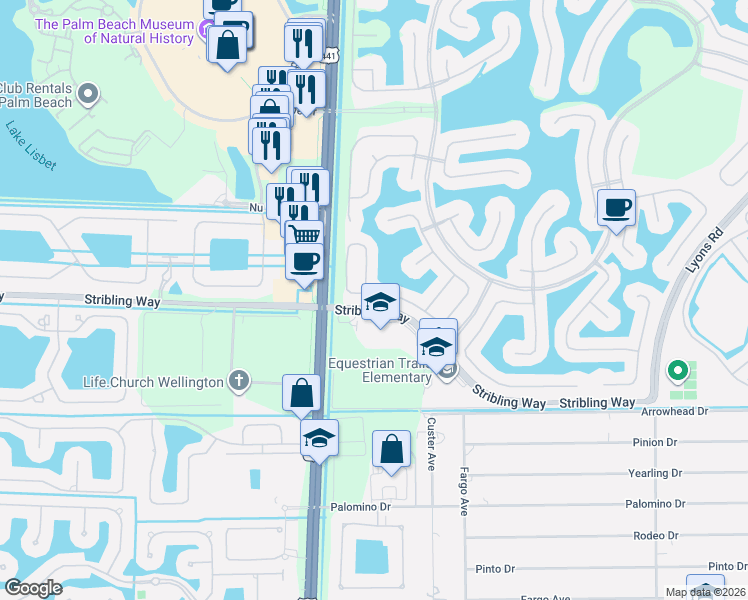 map of restaurants, bars, coffee shops, grocery stores, and more near 2944 Shaughnessy Drive in Wellington