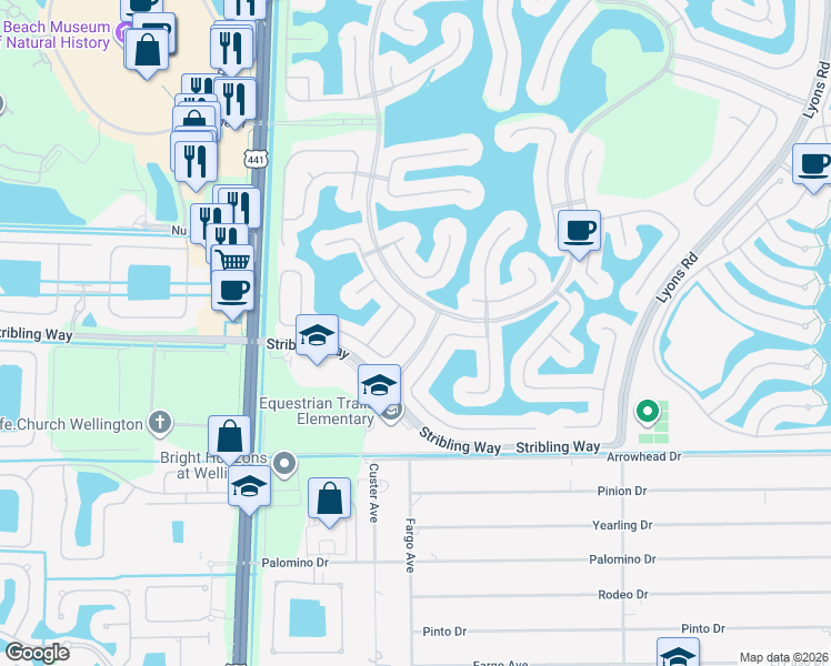 map of restaurants, bars, coffee shops, grocery stores, and more near 2836 Shaughnessy Drive in Wellington