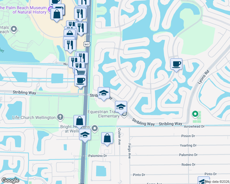 map of restaurants, bars, coffee shops, grocery stores, and more near 2907 Shaughnessy Drive in Wellington